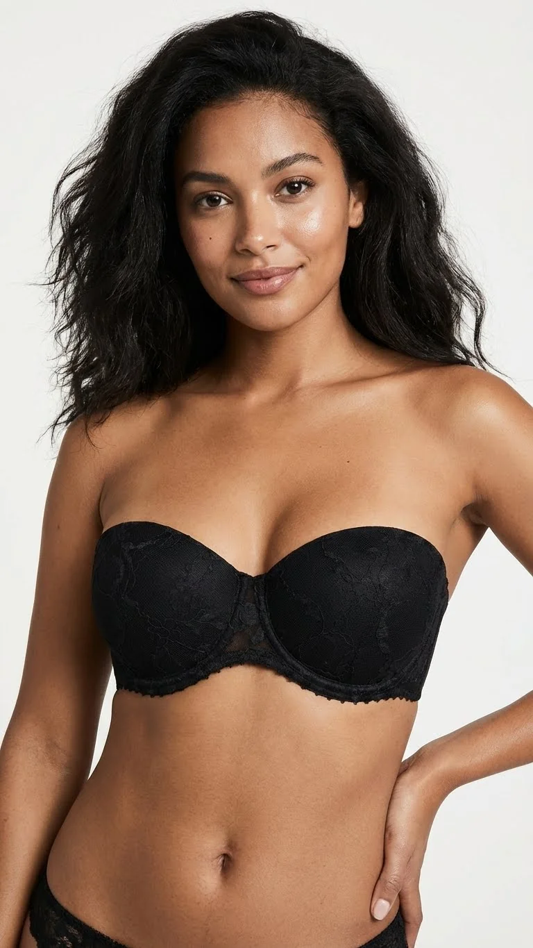 LunaIntim Siyah Rengi Dantel Kaplı Straplez Tenle Bütünleşen Sütyen - Son Görünüm